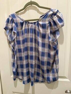 LC Lauren Conrad Blue and White Plaid Off-Shoulder Top
